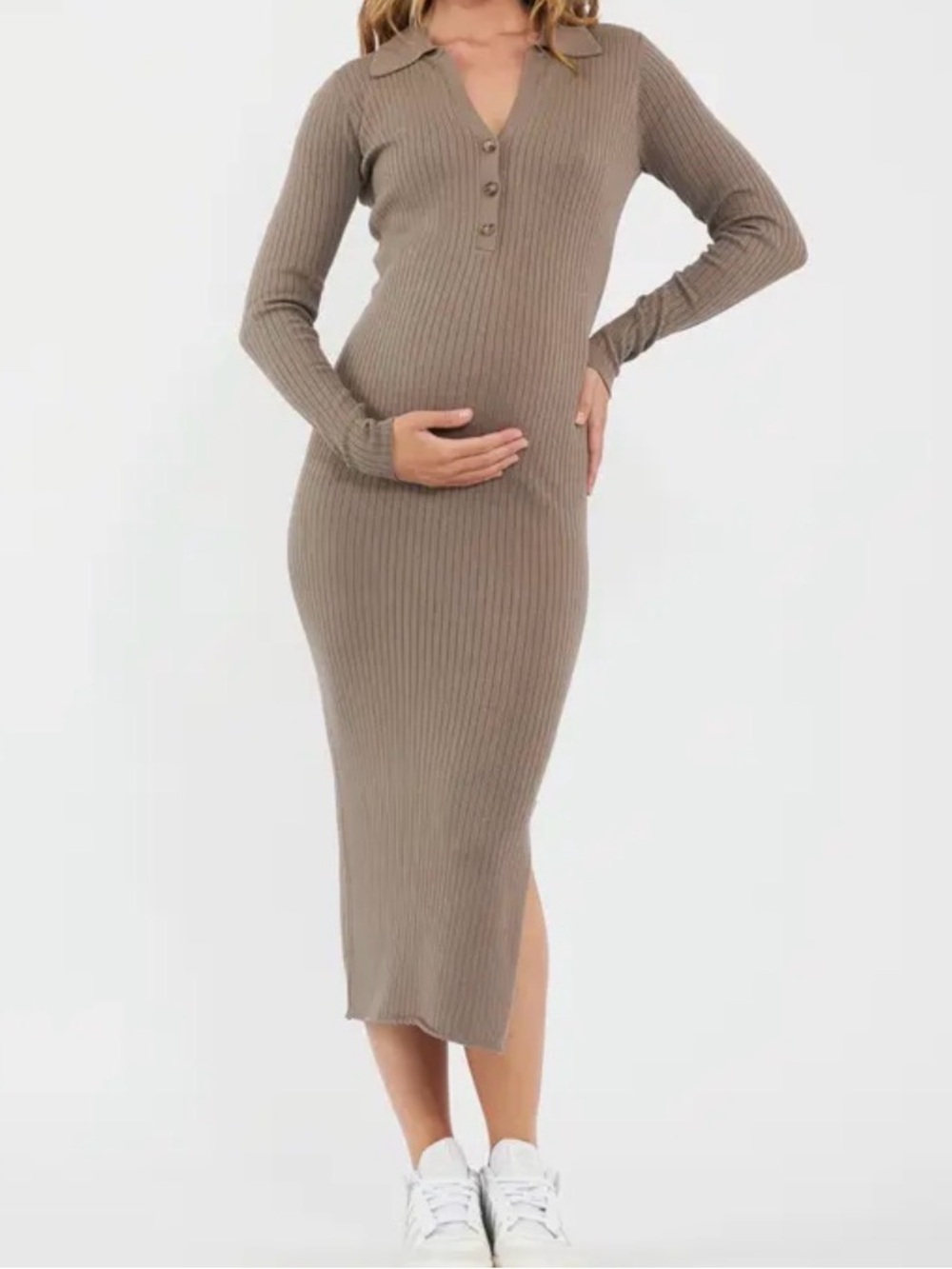 Ripe Maternity Ribbed Polo Maxi Dress in Taupe